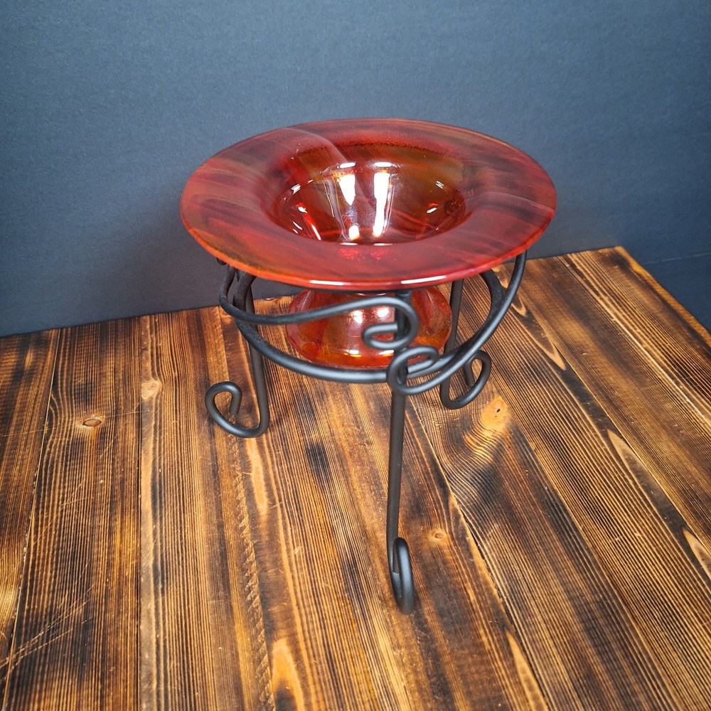 Red Glass Round Candle Votive Tea Light Holder Trinket Dish Wrought Iron Stand